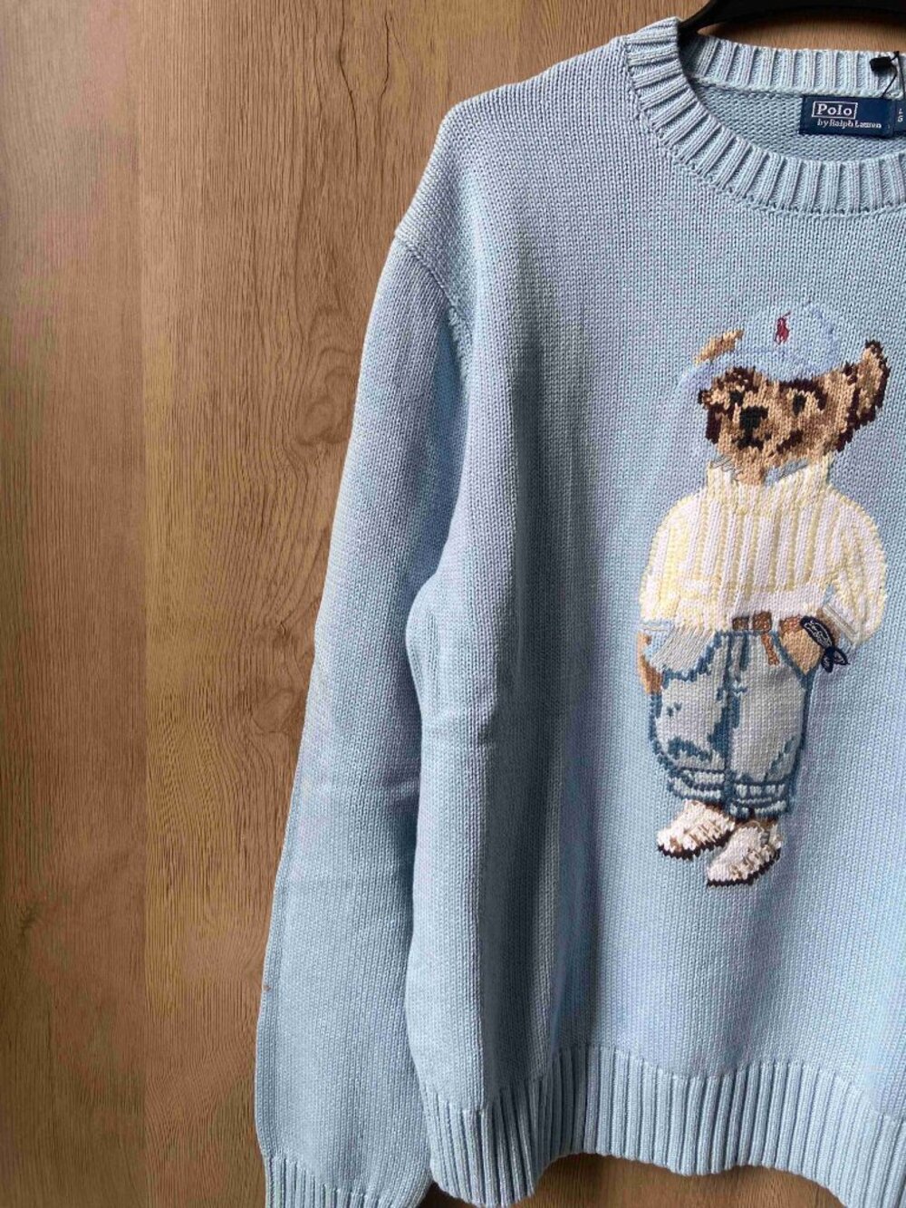 Polo Ralph Lauren Embroidered Bear Knit Jumper Light Blue Crewneck Sweater - Picture 5 of 8